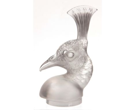 R LALIQUE  A PEACOCK 'PAON' CAR MASCOT  on an oval base with light grey stained highlighting 18cms high