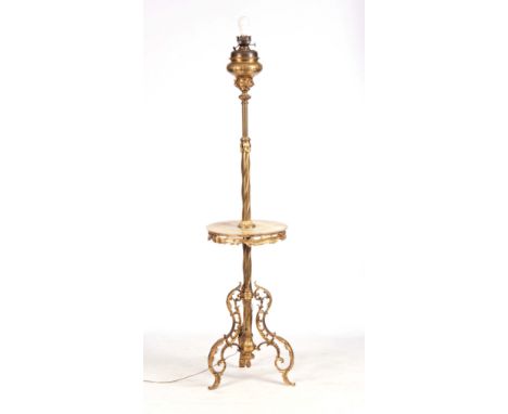 A 20TH CENTURY FRENCH GILT BRASS ROCOCO STYLE STANDARD LAMP having an oil burner now converted for electric, with onyx marble