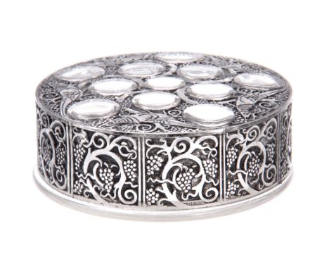 R LALIQUE  A BLACK STAINED LARGE CIRCULAR LIDDED  BOWL  'ROGER' the vine work panelled side with disc motifs to the top enclo