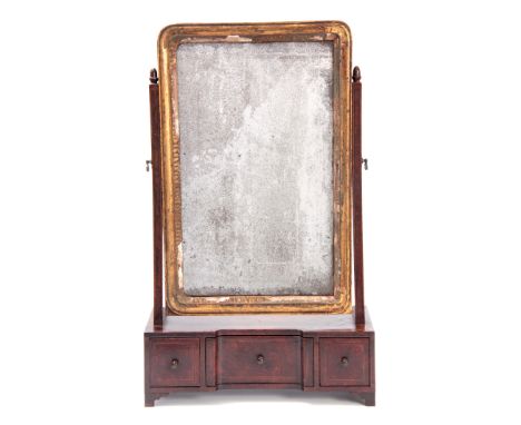 A GEORGE I GILT GESSO AND BURR WALNUT BOXWOOD AND EBONY STRUNG DRESSING TABLE MIRROR with slight dished front fitted three sm