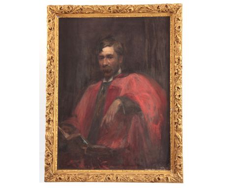 W. WHITE. A 19TH CENTURY HALF LENGTH PORTRAIT OF A GENTLEMAN - OIL ON CANVAS depicting a Gentleman in a red robe, signed W. W