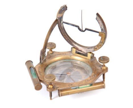 A 19th CENTURY FRENCH BRASS TRAVELLING EQUINOCTIAL COMPASS SUNDIAL with hinged Roman chapter ring and two bubble levels on a 
