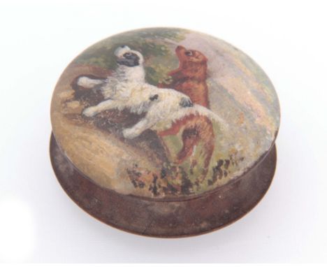 A 19TH CENTURY CIRCULAR TREENWARE PATCH BOX with painted gun dog scene to the lid 4.5cm diameter