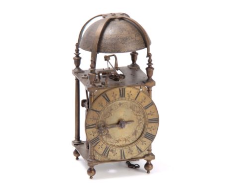 A LATE 17th CENTURY ENGLISH LANTERN CLOCK SIGNED WITH INITIALS 'SB' probably for Samuel Bretts London, having a brass bell st