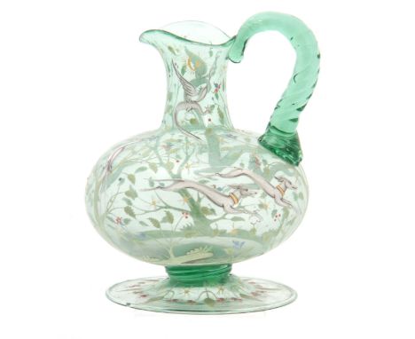 A 19TH CENTURY GERMAN GREEN GLASS WATER JUG with overlay enamel depicting woodland animals being chased by dogs 23cm high. 