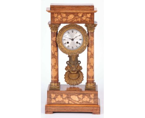A MID 19TH CENTURY FRENCH ROSEWOOD AND MARQUETRY INLAID PORTICO CLOCK having boxwood grapevine inlay and ormolu capped pillar