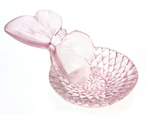 R LALIQUE  A PAPILLION AND DAHLIA PIN TRAY highlighted with pink staining 16.5cms overall 10cms diameter 