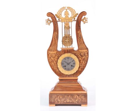 A MID 19th CENTURY ROSEWOOD MARQUETRY AND ORMOLU  LYRE SHAPED MYSTERY CLOCK  the case having scrolling leaf work and floral b