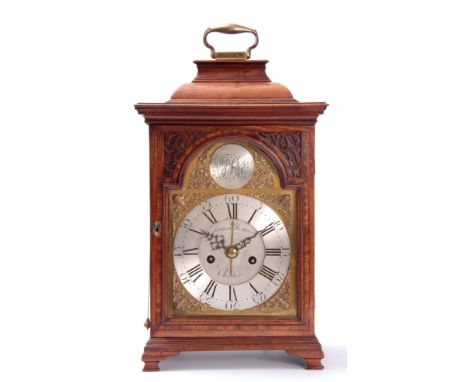 JAMES THOMAS, CHESTER. A GEORGE III MAHOGANY PULL QUARTER REPEATING BRACKET CLOCK WITH ALARM the case with inverted bell top 