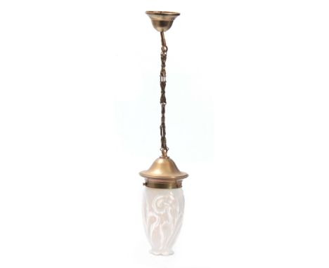A 20TH CENTURY BRASS CEILING LIGHT FITMENT with leaf moulded vaseline glass pendant shade 30.5cms high plus chain