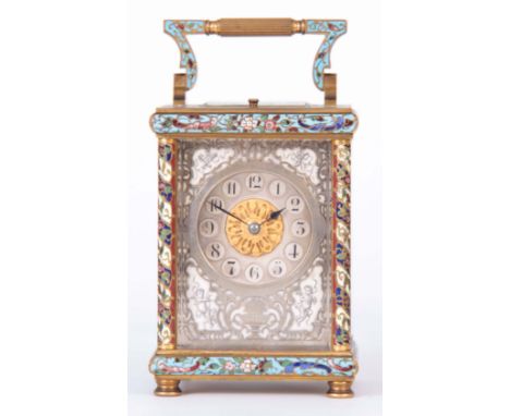 E.M. &amp; CO. PARIS. A LATE 19TH CENTURY FRENCH CHAMPLEVE ENAMEL REPEATING CARRIAGE CLOCK the gilt brass case covered in cha