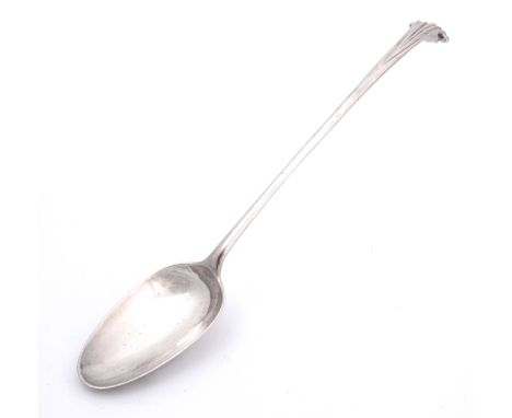 A GEORGE III SILVER ONSLOW PATTERN BASTING SPOON with long slender tapered handle and scrolled elongated finial crested to th