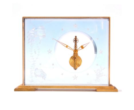 A MID 20TH CENTURY MARINA MANTEL CLOCK Att. to JAEGER-LECOULTRE the lucite and gilt brass case containing two goldfish, reeds