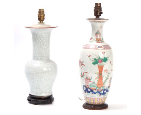 A LATE 19TH CENTURY CHINESE PORCELAIN OVOID VASE LAMP with finely detailed polychrome decoration depicting a central floral p