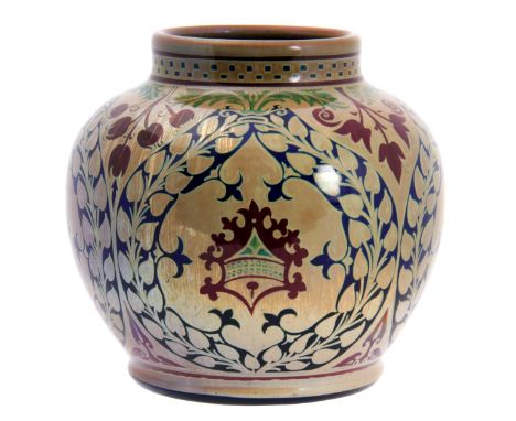 A LARGE EARLY 20TH CENTURY PILKINGTON'S ROYAL LANCASTRIAN LUSTRE BULBOUS VASE decorated with coloured stylised designs, by W 