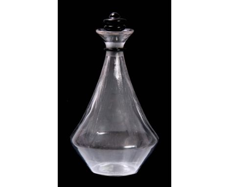 R LALIQUE A 'SELESTAT' CLEAR DECANTER the leaf-moulded body with black collar ring and stopper 26cms high