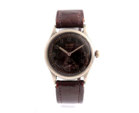 A GERMAN WWII MILITARY SILVANA WRIST WATCH on brown leather strap, the chrome-plated screw back case enclosing a black dial w