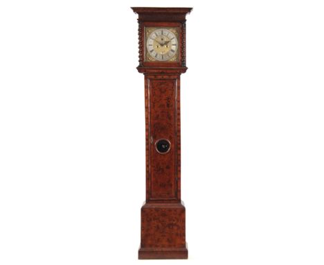 PETER MALLETT, LONDON. A LATE 17th CENTURY ENGLISH WALNUT AND MARQUETRY LONGCASE CLOCK the hood with barley twist columns and