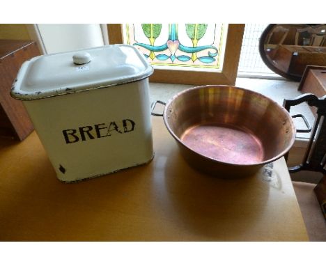 An enamel bread bin and a French copper jam pan