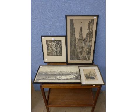 A continental street scene, pencil drawing, two etchings and a print, The South West Prospect of Ipswich, County of Suffolk