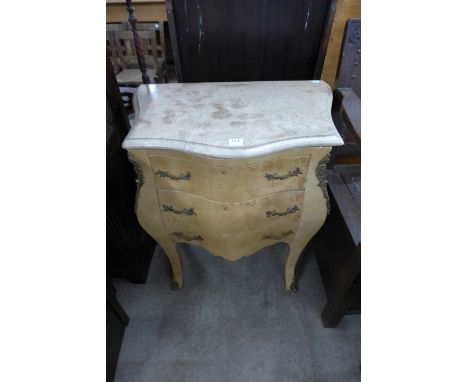 A French style simulated bird's eye maple and marble topped commode
