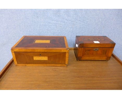 A Victorian specimen wood tea caddy and a writing box