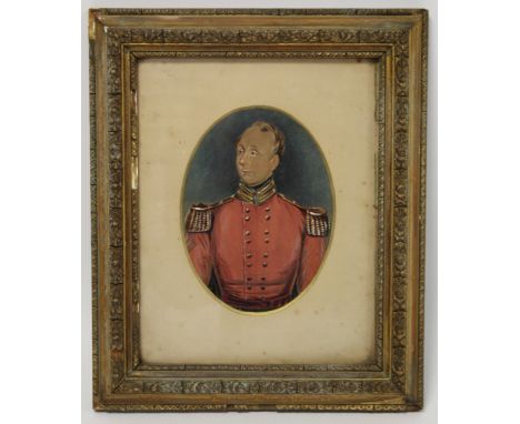19th Century English School.Portrait of an officer (24th Regiment of Foot c.1830's?).Gouache.14.5cm x 10cm (oval).