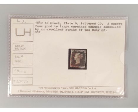 Great Britain. Penny Black plate 6 postage stamp, plate letters CD, with&nbsp;applied red Maltese cross postmark. 