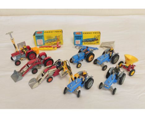 Corgi Toys- Collection of nine Corgi model tractors &amp; farm implements to include boxed no 56 Four Furrow Plough, boxed no