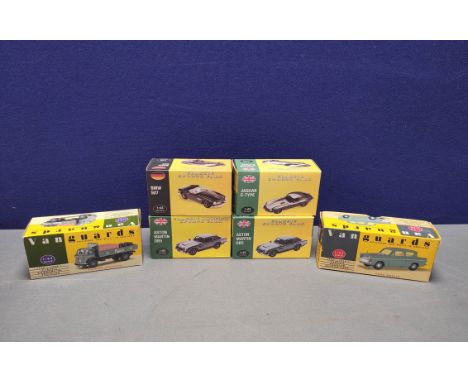 Six 1:43 scale boxed model cars comprising of two Lledo Vanguards to include VA1001 Pale Green Ford Anglia &amp; VA16000 Comm