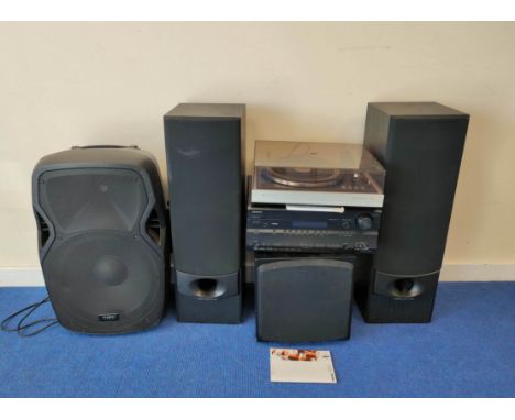 Stereo Hi-Fi system comprising of a Philip's Electronic GA222 turntable, two Wharfedale standing speakers, a KAM RZ15A V3 act