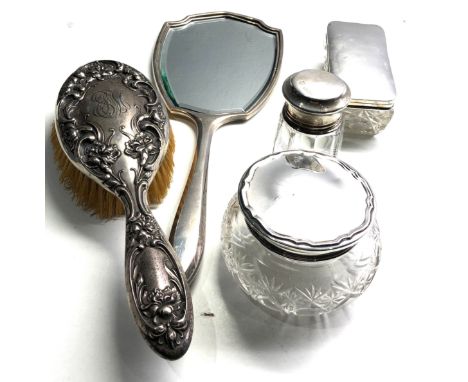 selection of silver items includes brush &amp; mirror button hook silver top jars etc 
