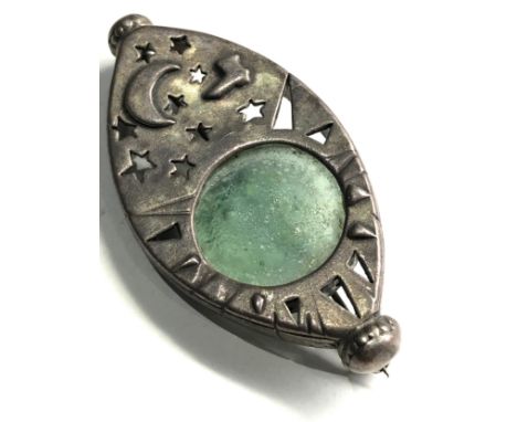 Vintage silver green glass stars &amp; embossed crescent moon brooch 