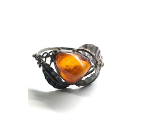 Vintage sterling silver amber large stone heavy ornate floral bangle 