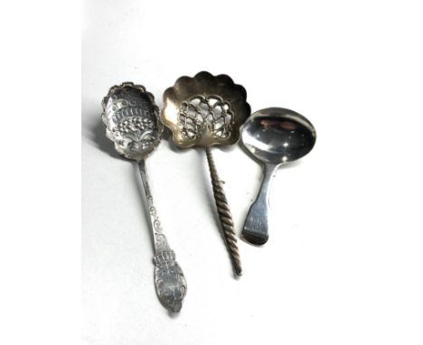 3 Antique silver spoons includes shifter spoon &amp; georgian silver tea caddy spoon 
