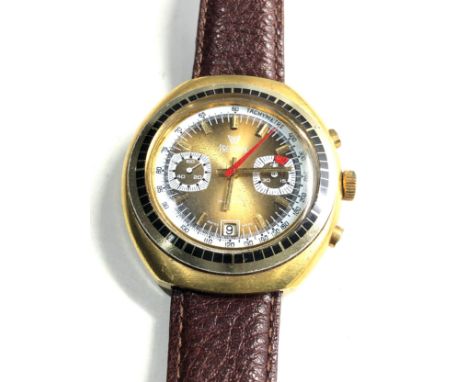 1970s Precimax chronograph wristwatch gold plateed oval case gold sunburst dial  white inner tachymetre ring permanent second