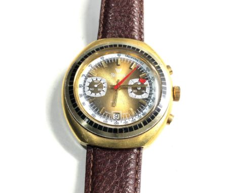 1970s Precimax chronograph wristwatch gold plateed oval case gold sunburst dial  white inner tachymetre ring permanent second