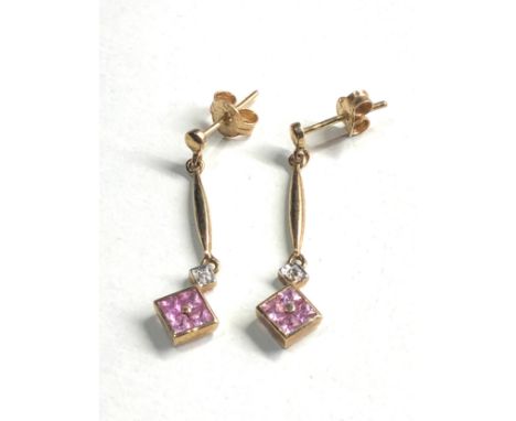 9ct gold vintage synthetic spinel &amp; diamond drop earrings (1.4g) 