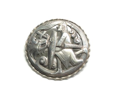 Vintage .830 silver norse warrior &amp; dragon dragestil round brooch 