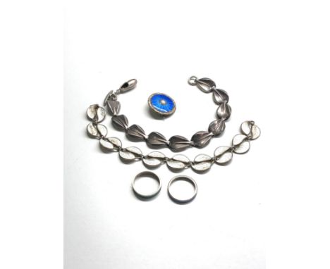 5 x Vintage sterling silver Scandinavian jewellery inc. bracelets, rings &amp; brooch enamel damage to leaf bracelet 