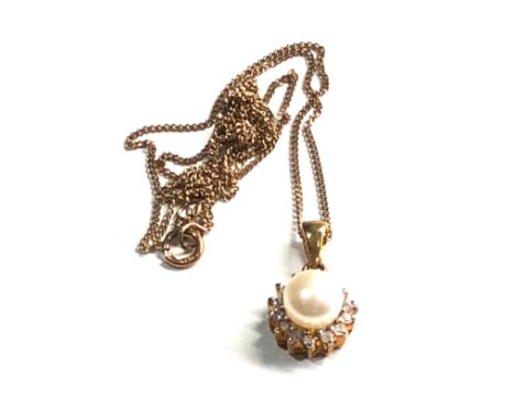 9ct gold vintage pearl &amp; diamond drop pendant necklace (1.8g) 
