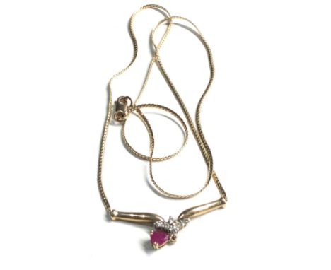 9ct gold vintage ruby &amp; diamond teardrop pendant necklace (3.5g) 