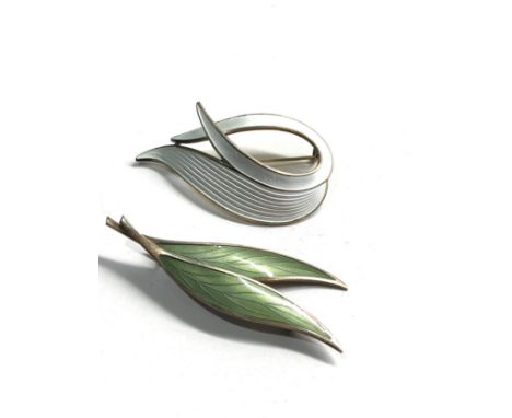 2 x Vintage sterling silver enamelled Scandinavian leaf brooches 