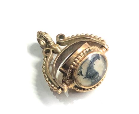 9ct gold vintage moss agate sodalite &amp; malachite swivel fob pendant (10g) 