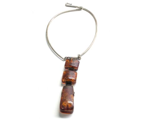 Vintage sterling silver &amp; amber long drop pendant necklace 