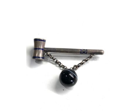 Unusual victorian silver enamel banded agate masonic brooch 