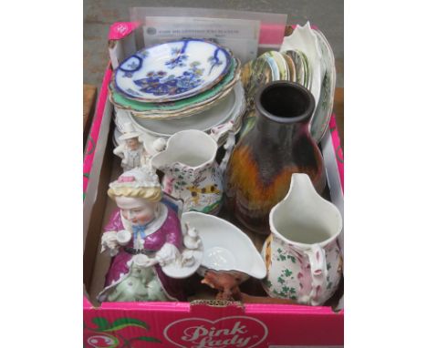 SUNDRY CERAMICS INCLUDING VARIOUS PLATES, VICTORIAN JUGS AND VICTORIAN FIGURE FORM STORAGE JAR, ETC. 