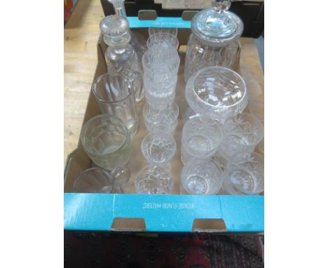 PARCEL OF GLASSWARE INCLUDING STUART DECANTER AND BISCUIT BARREL, ETC. 