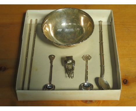 SMALL PARCEL OF ORIENTAL ITEMS INCLUDING SILVER SUGAR BOWL, SPOONS, CHOPSTICKS AND MINIATURE RICKSHAW.