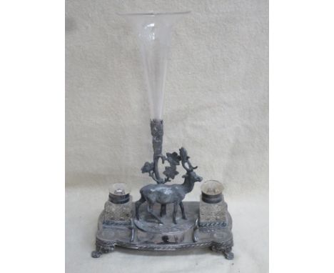 JAMES DIXON &amp; SONS SILVER PLATED STAG FORM DESK STAND WITH INK WELLS AND ETCHED GLASS FUNNEL 